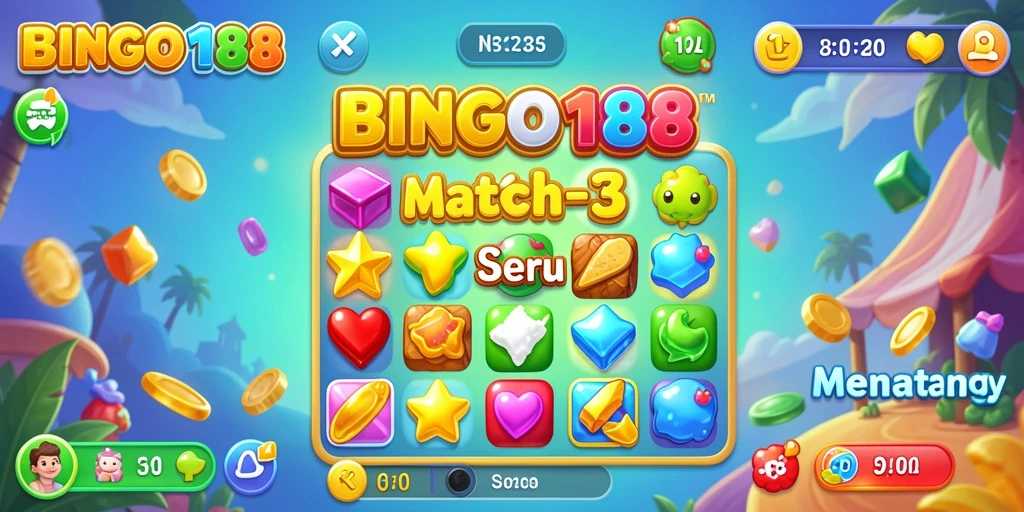 Gameplay BINGO188 yang menampilkan tantangan Match-3 yang seru.