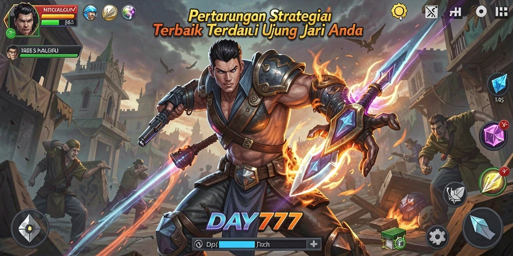 Tangkapan layar DAY777 menampilkan aksi pertempuran strategi yang intens.