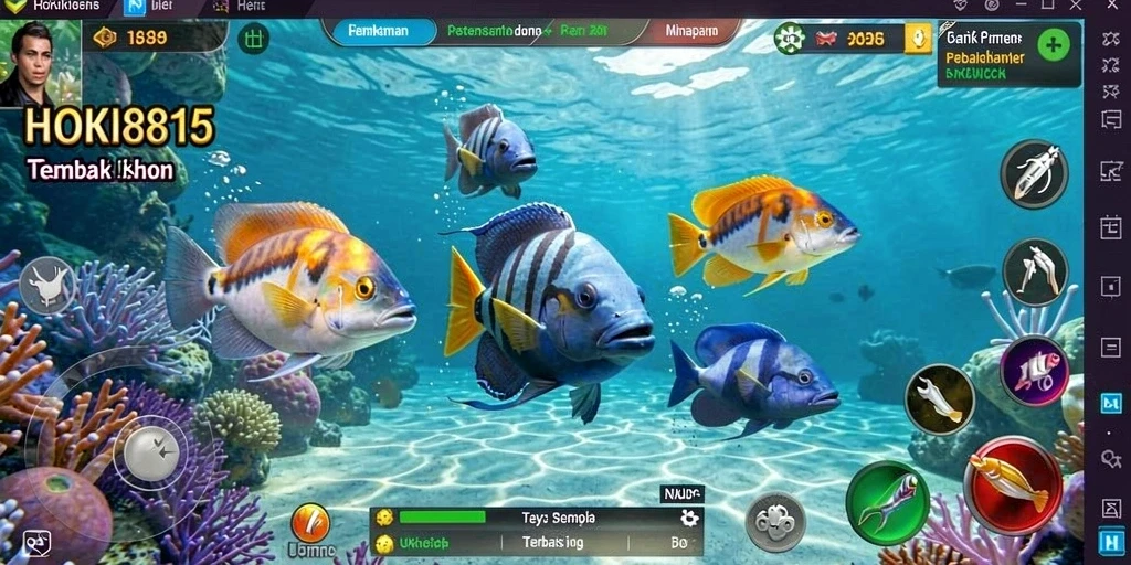 Tampilan gameplay HOKI8815 dengan ikan berwarna-warni dan senjata menarik.