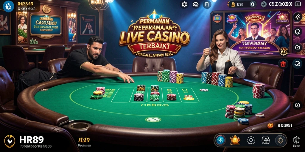 Screenshot gameplay Live Casino HR89 yang menampilkan dealer dan meja permainan.