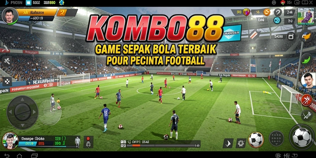 Tangkapan layar utama KOMBO88 menampilkan aksi mendebarkan di lapangan sepak bola.