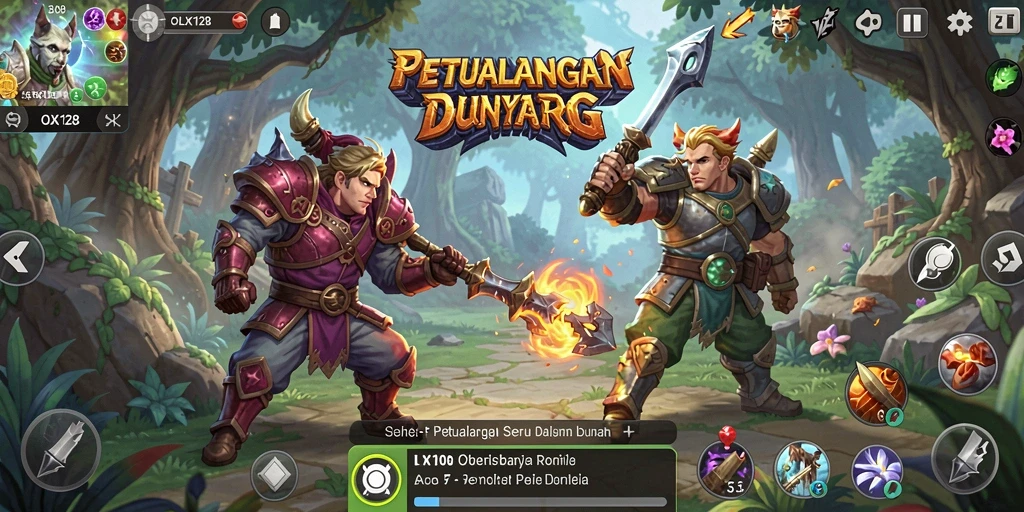 Screenshot OLX128 menampilkan aksi pertempuran di dunia RPG yang memukau.