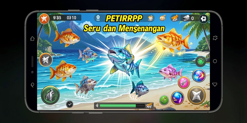 Tampilan gameplay PETIRRP menampilkan aksi seru saat menembak ikan.
