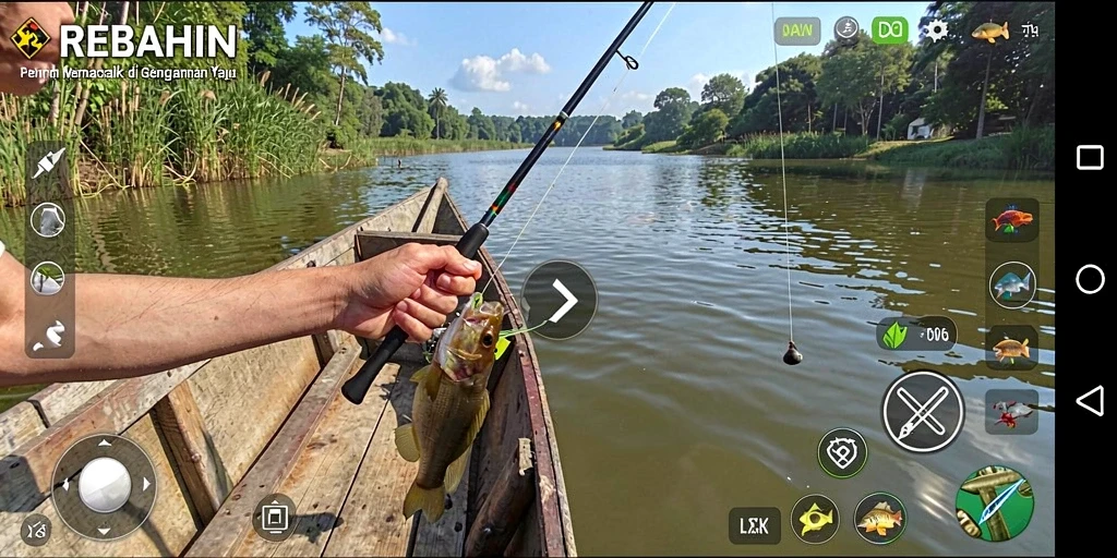 Screenshot gameplay REBAHIN menampilkan pengalaman memancing yang seru.