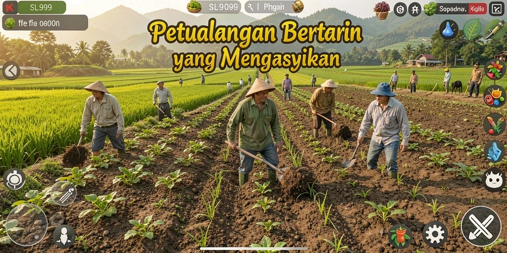 Tangkap layar gameplay SL999 menampilkan aktivitas bertani yang seru.