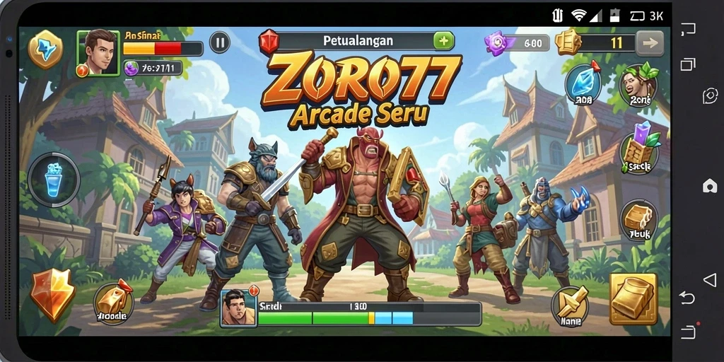 Screenshot gameplay ZORO77 menampilkan karakter dalam aksi melawan musuh.